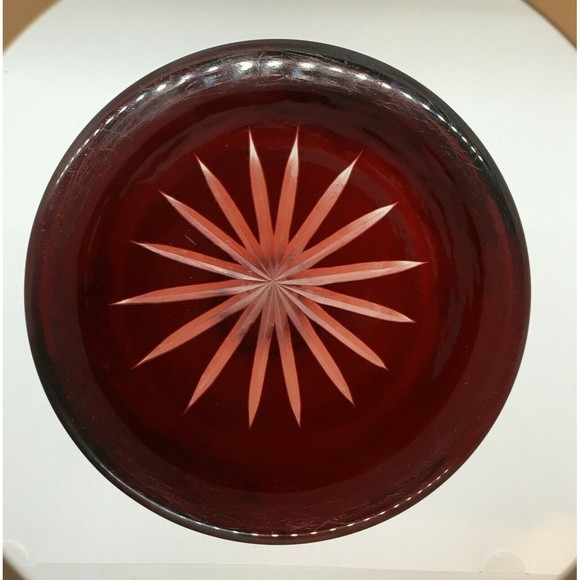 Vintage BOHEMIAN GLASS Vase Ruby Red Cut To Clear Neck & Base Frosted Floral - Picture 8 of 12